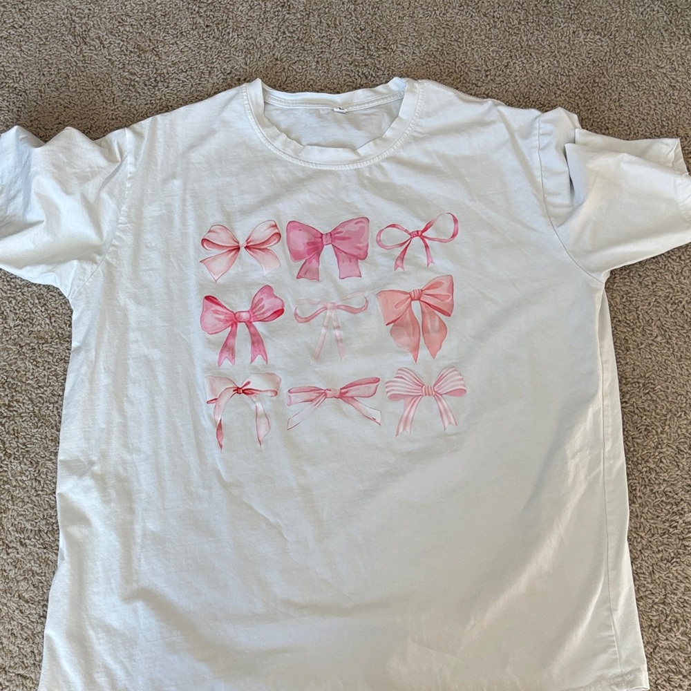 Amazon White Tee with Pink Bow Design
